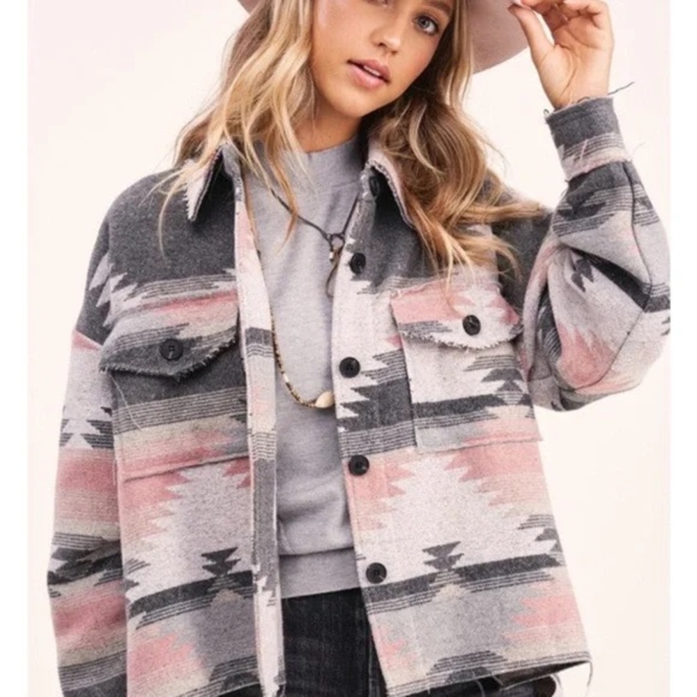 La Miel | Aztec Oversized Raw Frayed Hem Jacket - Picture 3 of 9